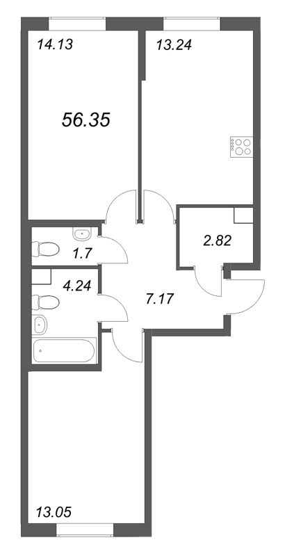 2-комнатная квартира, 56.35 м² в ЖК "Кинопарк" - планировка, фото №1