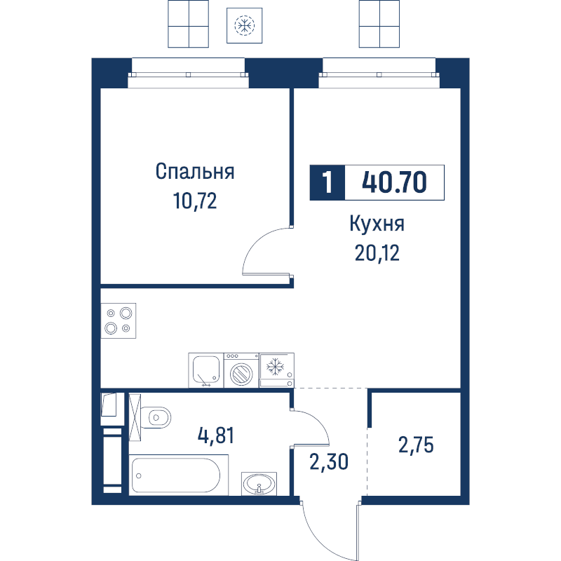 2-комнатная (Евро) квартира, 40.7 м² в ЖК "Символист" - планировка, фото №1