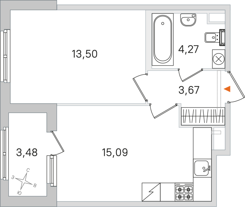 2-комнатная (Евро) квартира, 36.53 м² в ЖК "Дубровский" - планировка, фото №1