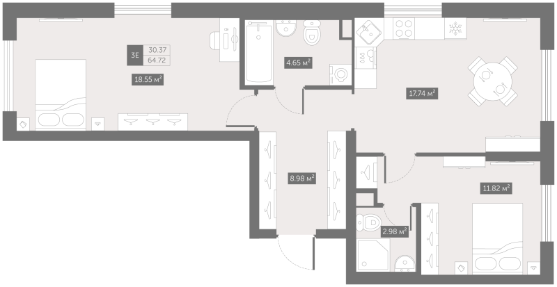 3-комнатная (Евро) квартира, 64.72 м² в ЖК "UP-квартал Новый Московский" - планировка, фото №1