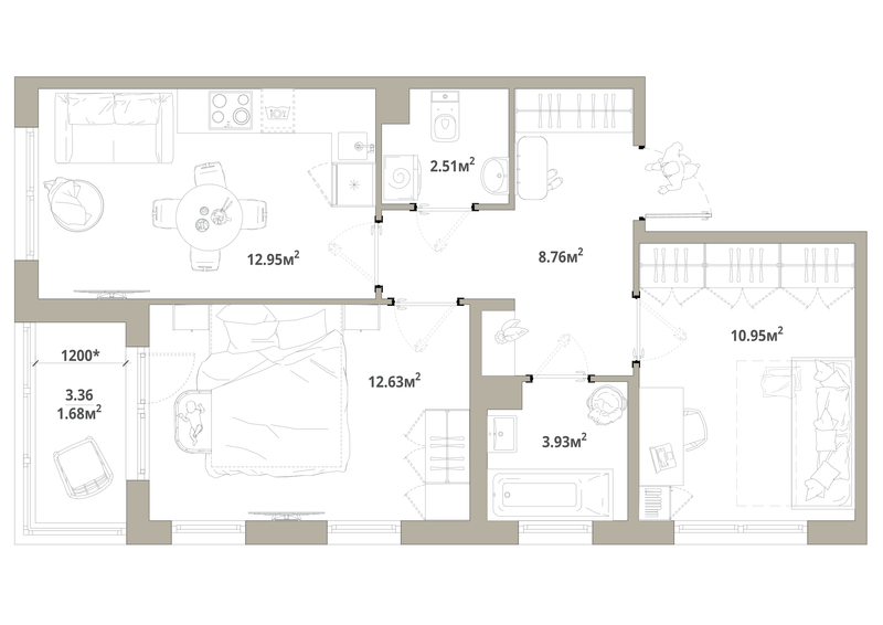 2-комнатная квартира, 52.87 м² в ЖК "Тишин" - планировка, фото №1