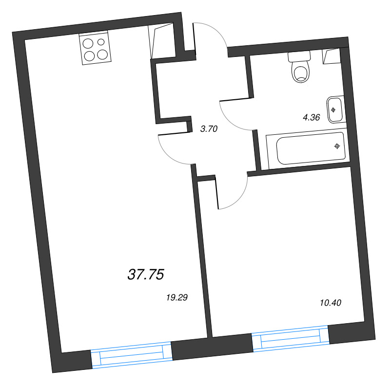 2-комнатная (Евро) квартира, 37.75 м² в ЖК "Бульвар Грина" - планировка, фото №1