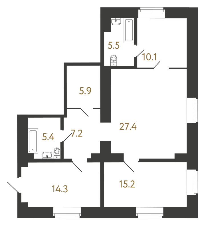 3-комнатная (Евро) квартира, 91 м² в ЖК "Типография" - планировка, фото №1