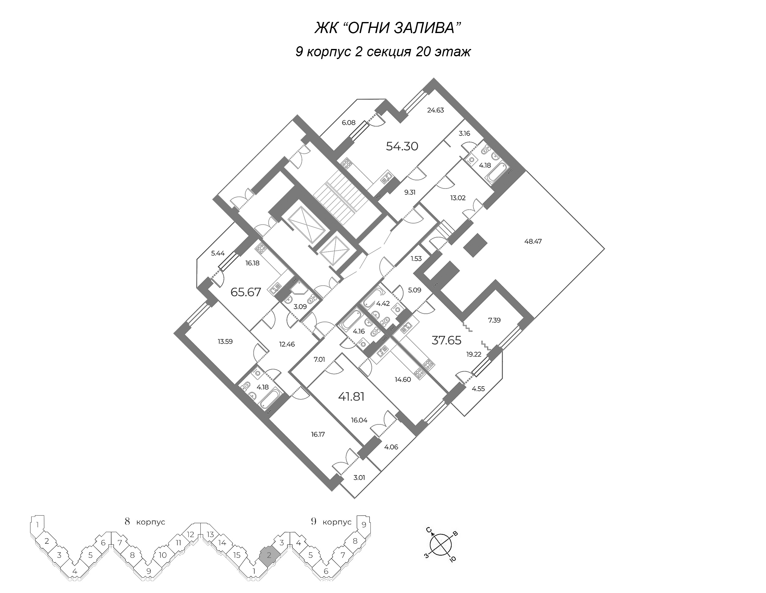 Квартира-студия, 39.02 м² в ЖК "Огни Залива" - планировка этажа