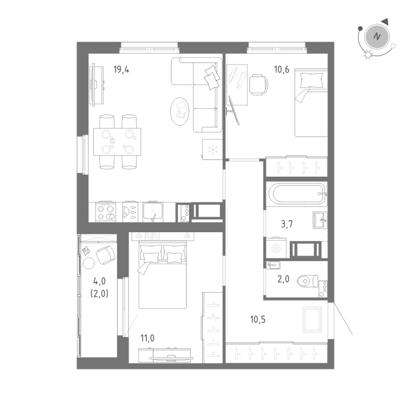 3-комнатная (Евро) квартира, 59.2 м² в ЖК "Клюква.Парк" - планировка, фото №1