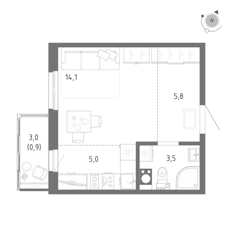 Квартира-студия, 29.3 м² - планировка, фото №1