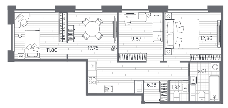 4-комнатная (Евро) квартира, 65.49 м² в ЖК "PLUS Пулковский" - планировка, фото №1