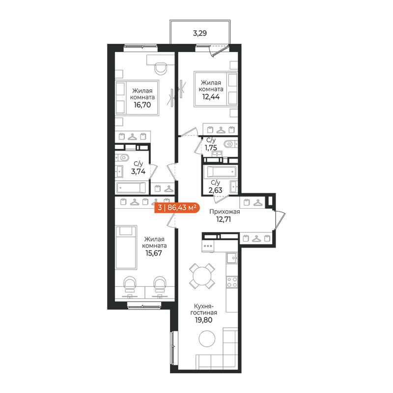 4-комнатная (Евро) квартира, 86.43 м² в ЖК "Алгоритм Квинта" - планировка, фото №1