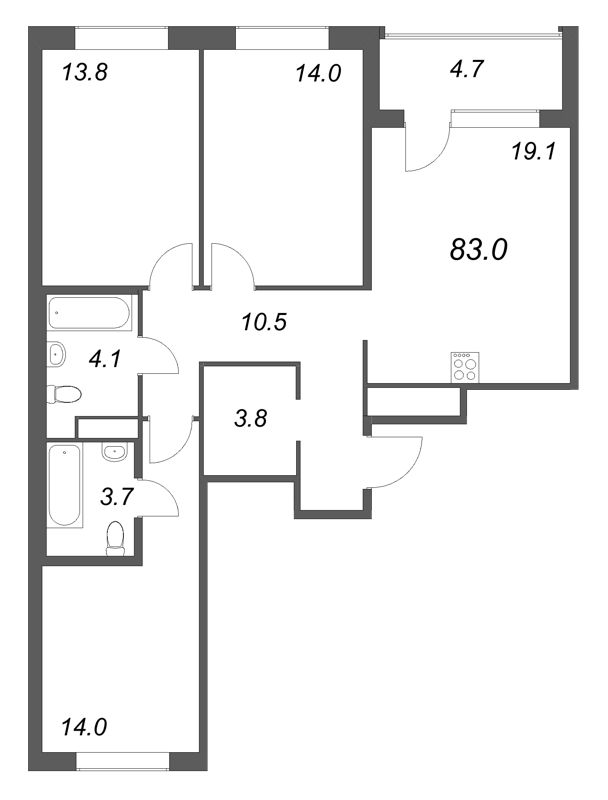 4-комнатная (Евро) квартира, 83 м² в ЖК "Передвижники" - планировка, фото №1