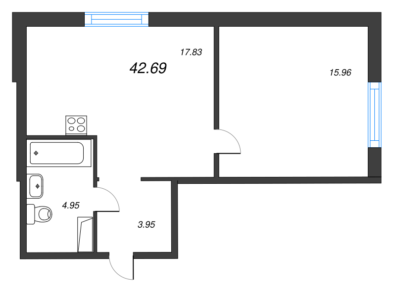 2-комнатная (Евро) квартира, 42.69 м² в ЖК "Jaanila Драйв" - планировка, фото №1