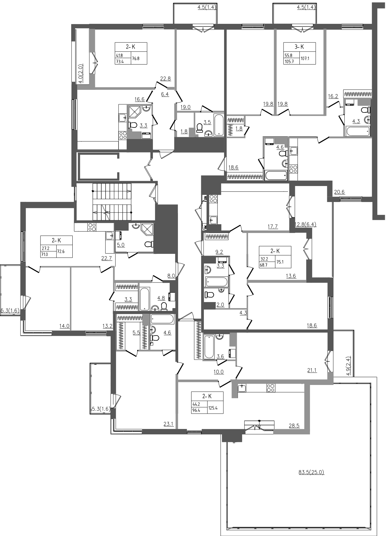 2-комнатная квартира, 76.8 м² - планировка этажа