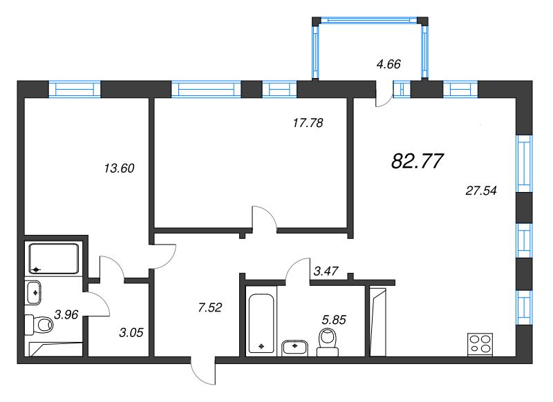3-комнатная (Евро) квартира, 82.77 м² - планировка, фото №1