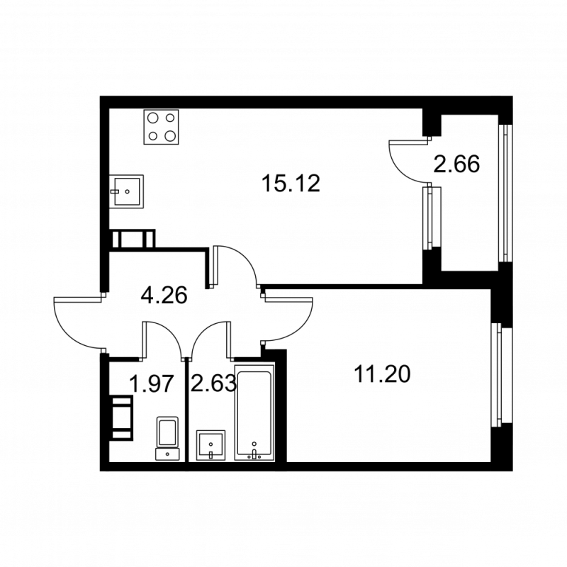 2-комнатная (Евро) квартира, 36.51 м² в ЖК "Квартал Заречье" - планировка, фото №1