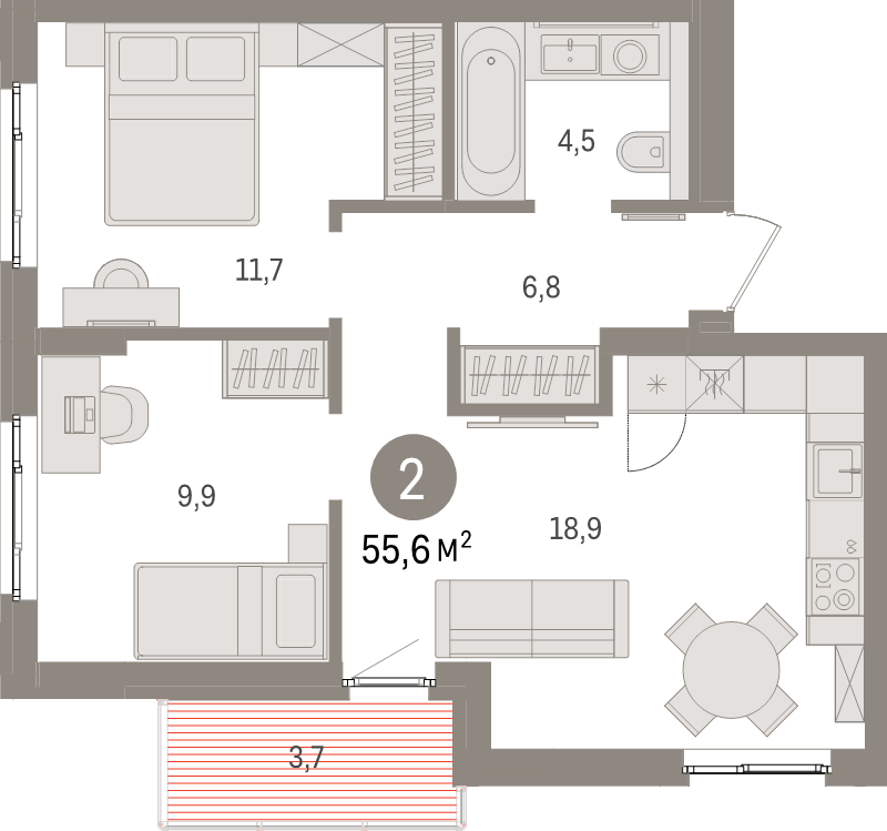 3-комнатная (Евро) квартира, 55.6 м² в ЖК "Брусника в Новоселье" - планировка, фото №1