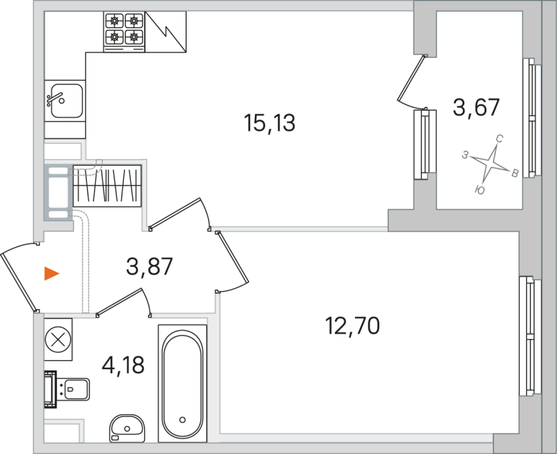 2-комнатная (Евро) квартира, 35.88 м² в ЖК "Дубровский" - планировка, фото №1