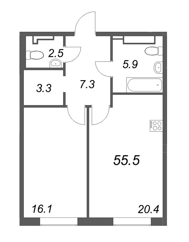 2-комнатная (Евро) квартира, 55.2 м² в ЖК "Визионер" - планировка, фото №1