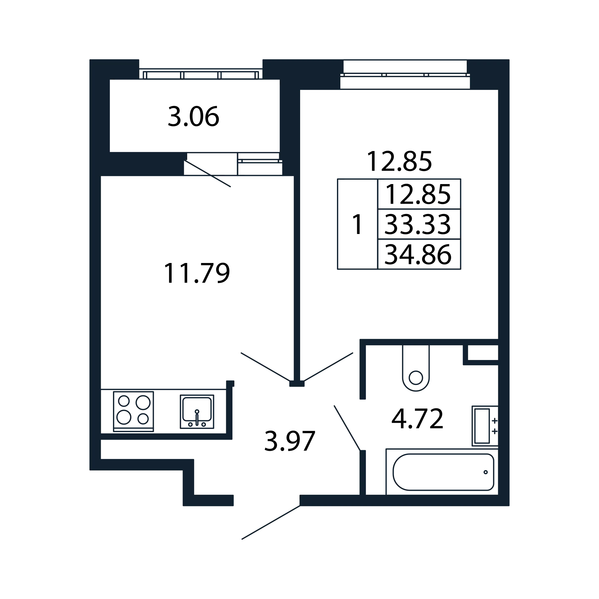 1-комнатная квартира, 33.33 м² - планировка, фото №1