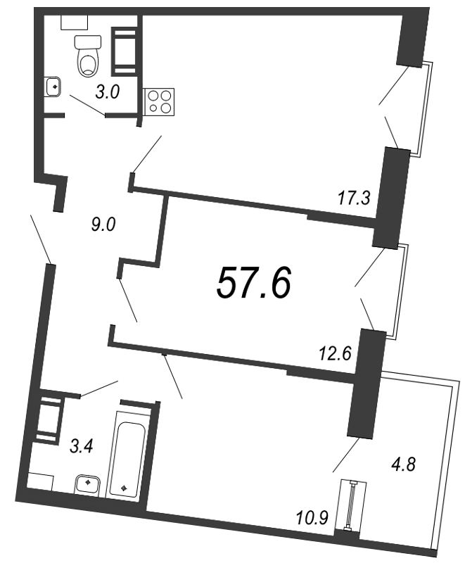 2-комнатная квартира, 58 м² - планировка, фото №1