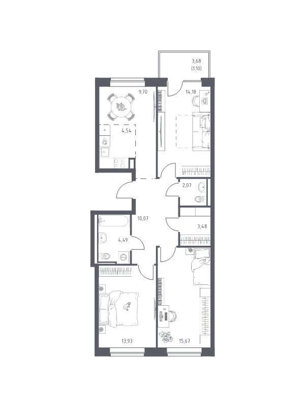 3-комнатная квартира, 79.23 м² в ЖК "Живи! В Рыбацком" - планировка, фото №1