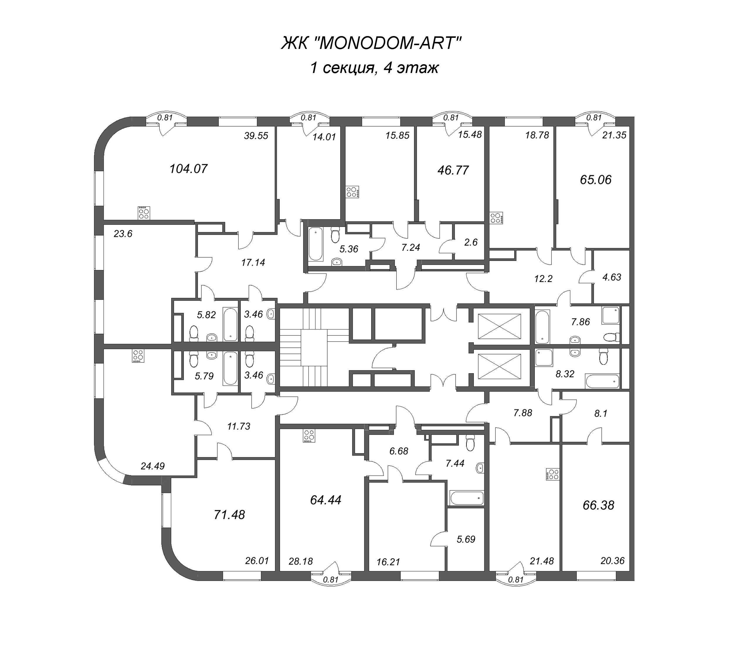 3-комнатная (Евро) квартира, 104.07 м² - планировка этажа