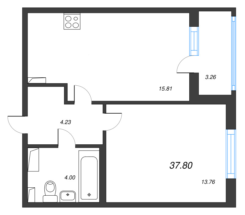 2-комнатная (Евро) квартира, 37.8 м² - планировка, фото №1