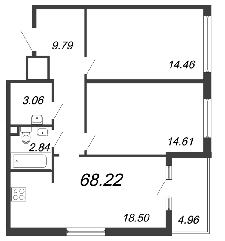 3-комнатная (Евро) квартира, 68.22 м² - планировка, фото №1