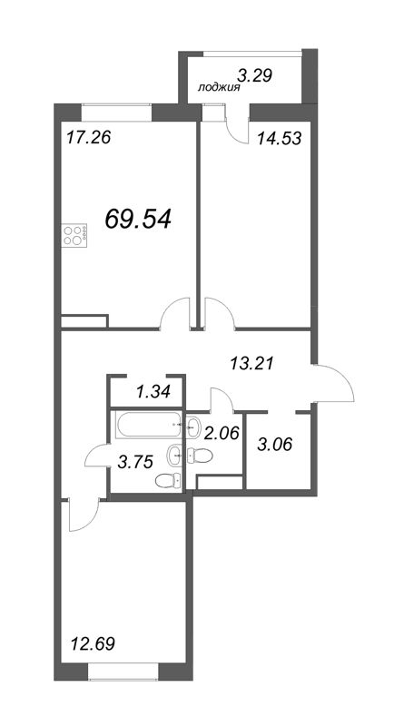 3-комнатная (Евро) квартира, 69.54 м² в ЖК "Modum" - планировка, фото №1