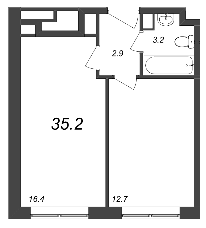 1-комнатная квартира, 36.24 м² - планировка, фото №1