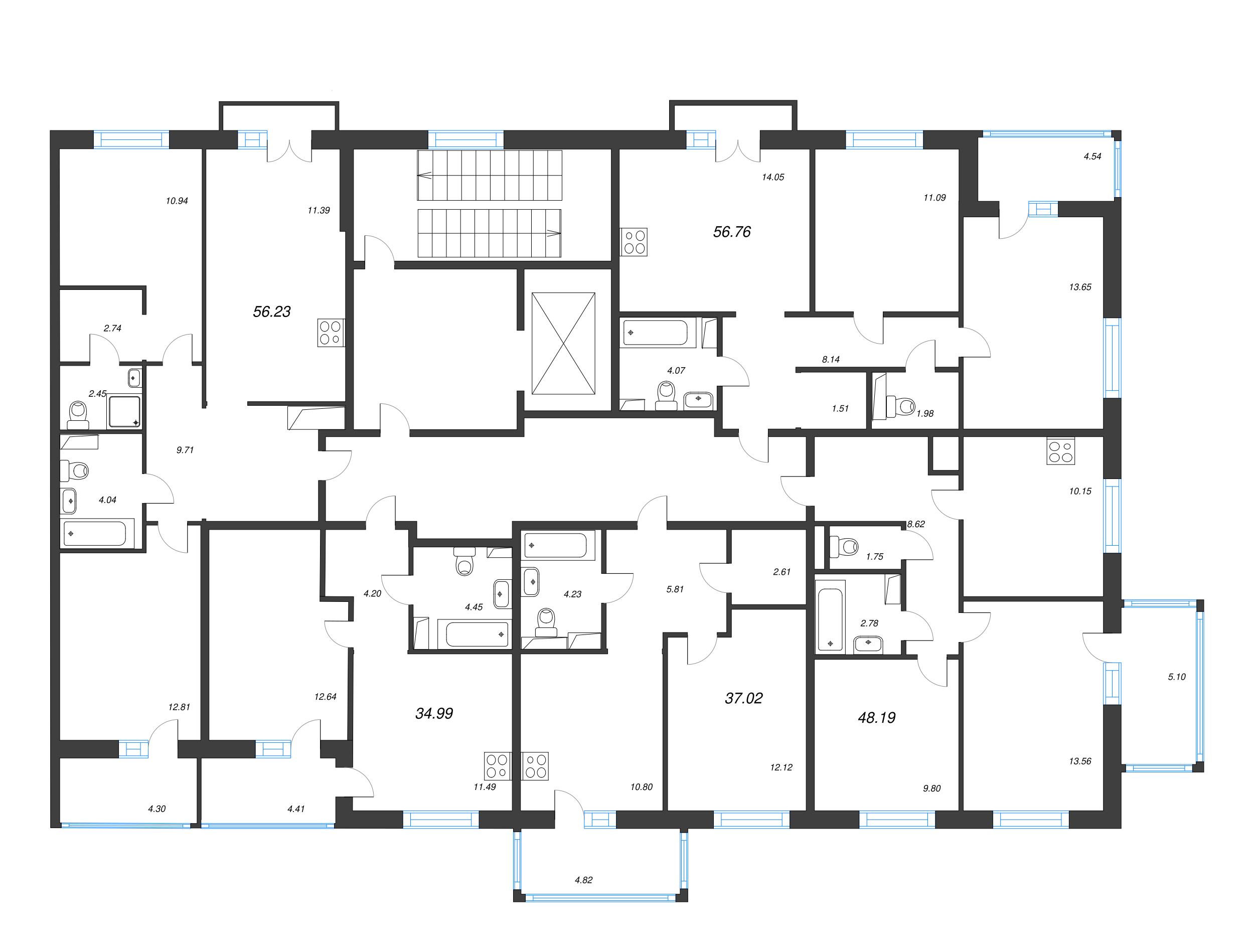2-комнатная квартира, 51.76 м² - планировка этажа