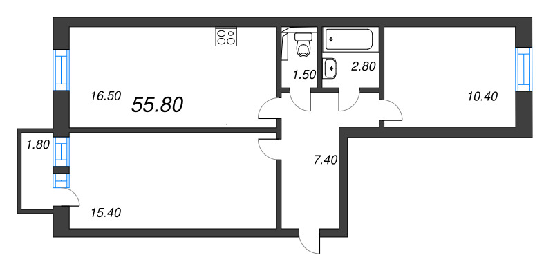 3-комнатная (Евро) квартира, 54.5 м² - планировка, фото №1