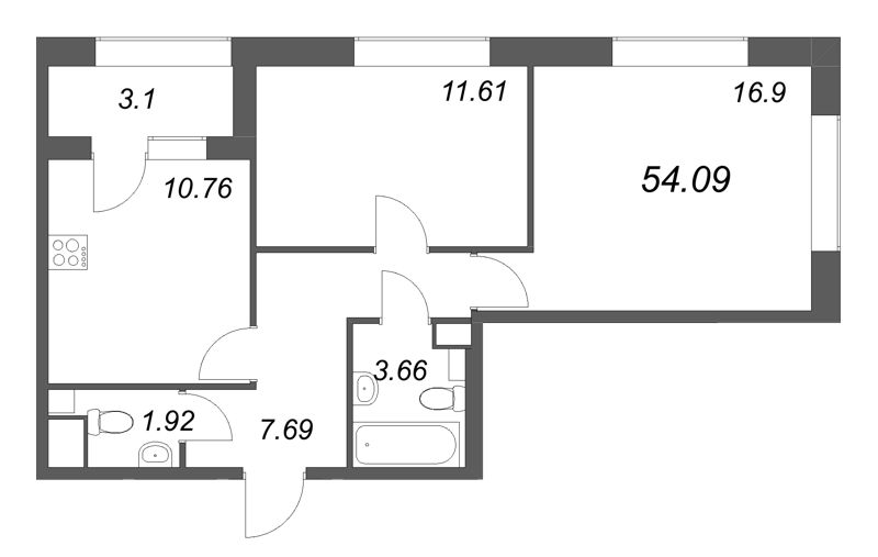 2-комнатная квартира, 54.09 м² в ЖК "Аурум" - планировка, фото №1