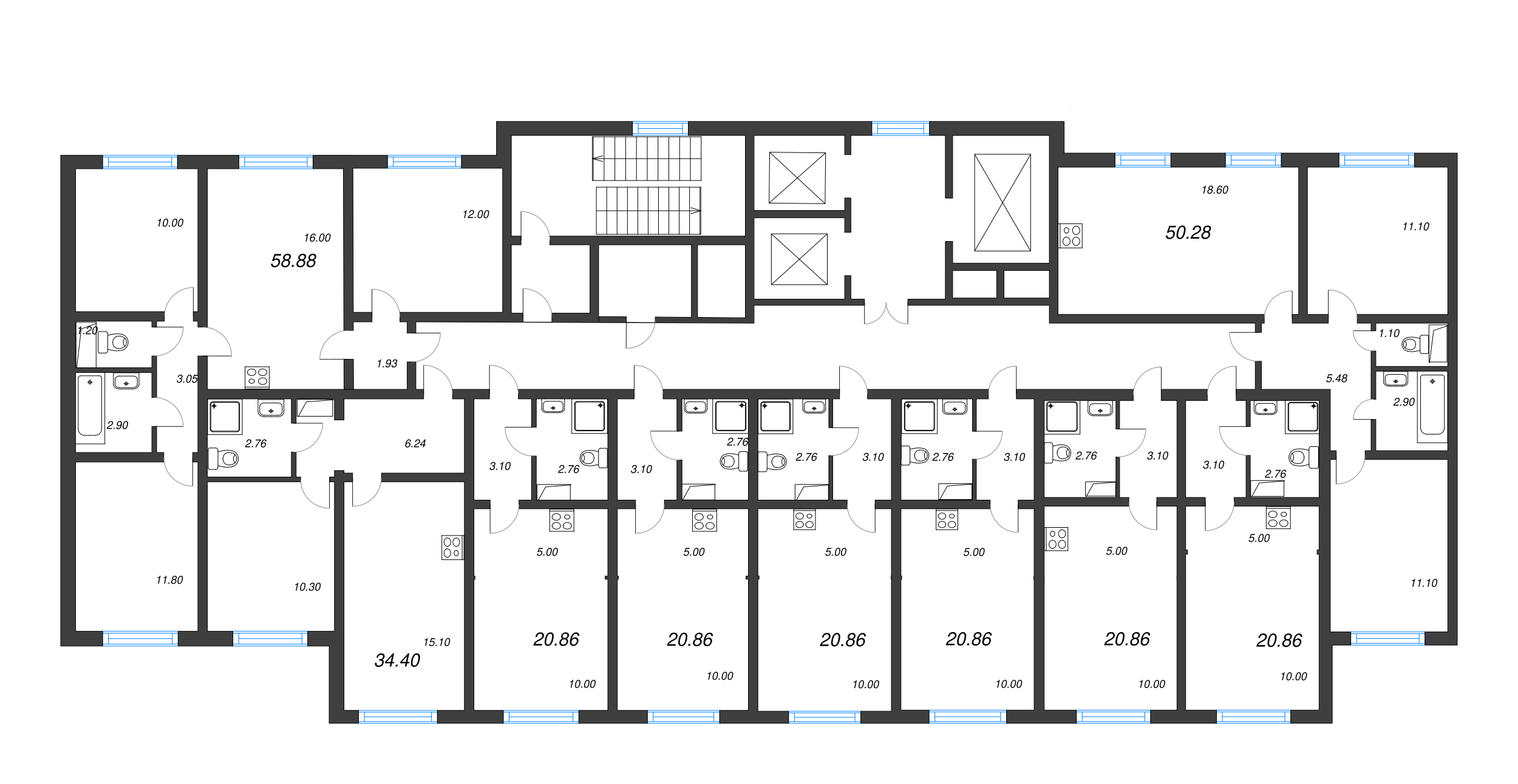 4-комнатная (Евро) квартира, 58.88 м² в ЖК "Ручьи" - планировка этажа