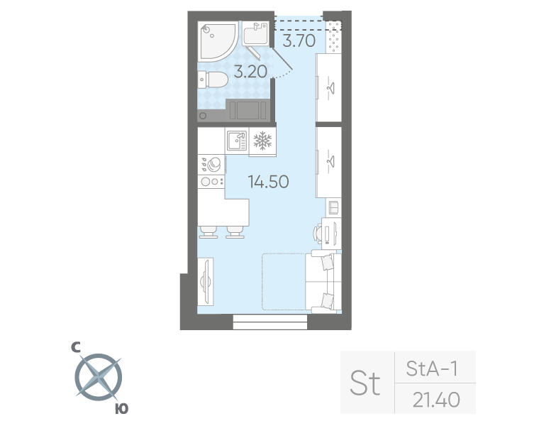 Квартира-студия, 21.4 м² в ЖК "Ручьи" - планировка, фото №1