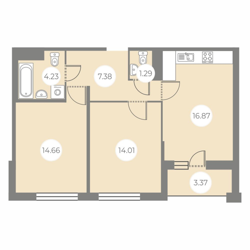 3-комнатная (Евро) квартира, 60.13 м² - планировка, фото №1