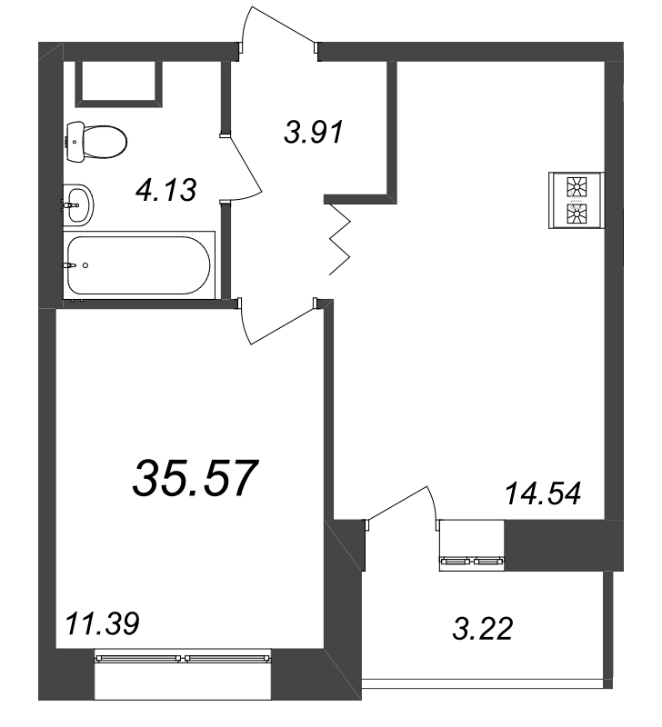 1-комнатная квартира, 35.7 м² в ЖК "Уютный" - планировка, фото №1