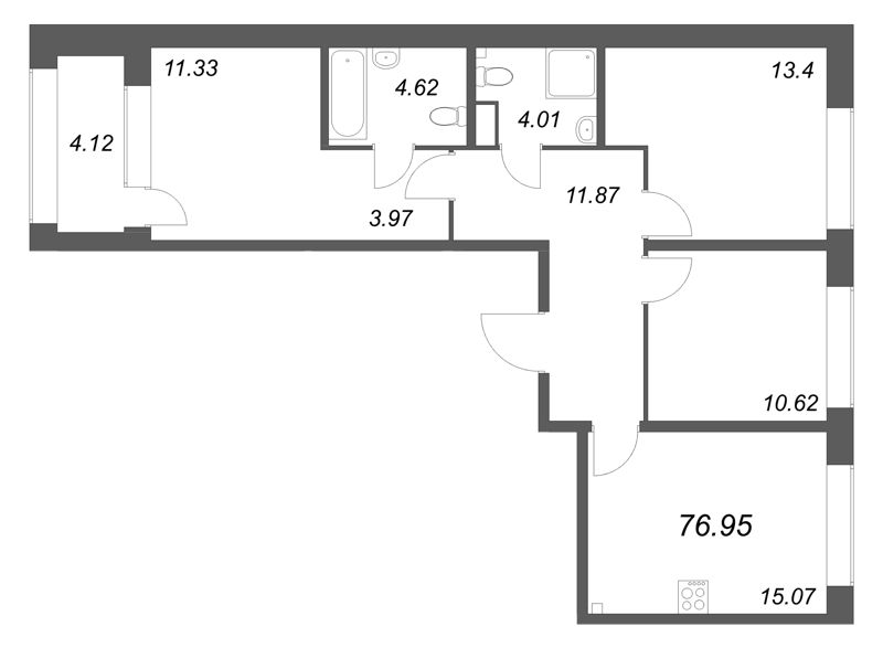 4-комнатная (Евро) квартира, 76.95 м² в ЖК "Аквилон Солар Парк" - планировка, фото №1