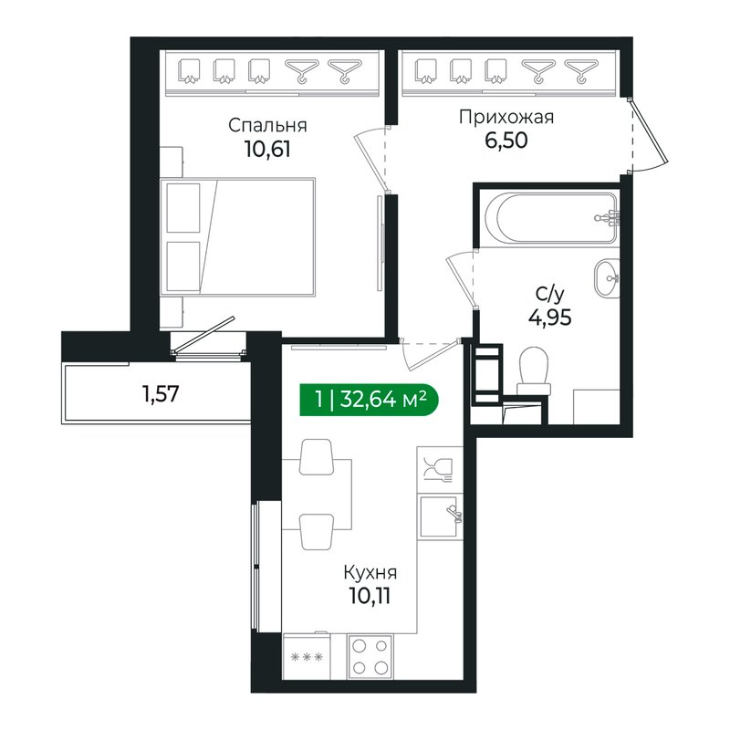 1-комнатная квартира, 32 м² в ЖК "Сертолово Парк" - планировка, фото №1