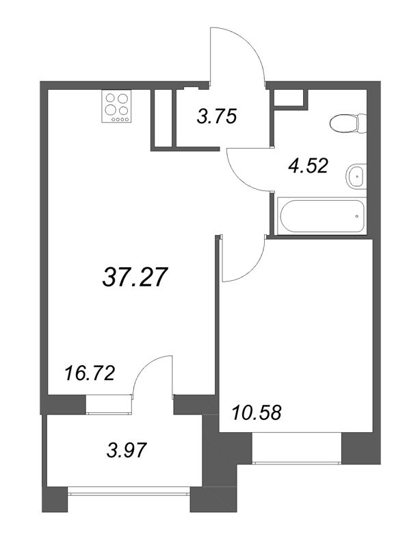 2-комнатная (Евро) квартира, 37.27 м² - планировка, фото №1