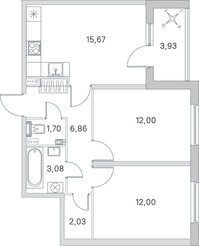 3-комнатная (Евро) квартира, 53.34 м² в ЖК "Любоград" - планировка, фото №1