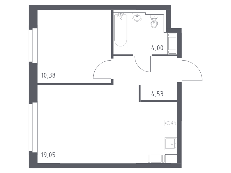 2-комнатная (Евро) квартира, 37.96 м² - планировка, фото №1