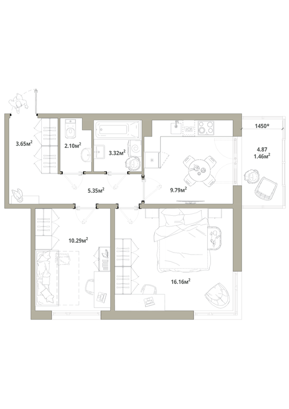 2-комнатная квартира, 52.12 м² в ЖК "Тишин" - планировка, фото №1