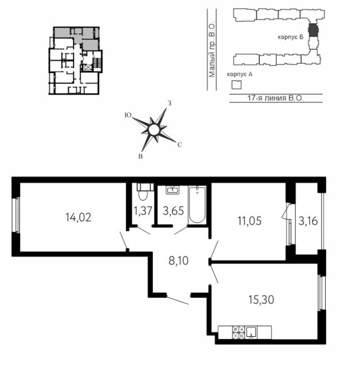 3-комнатная (Евро) квартира, 55.07 м² в ЖК "17-я линия" - планировка, фото №1