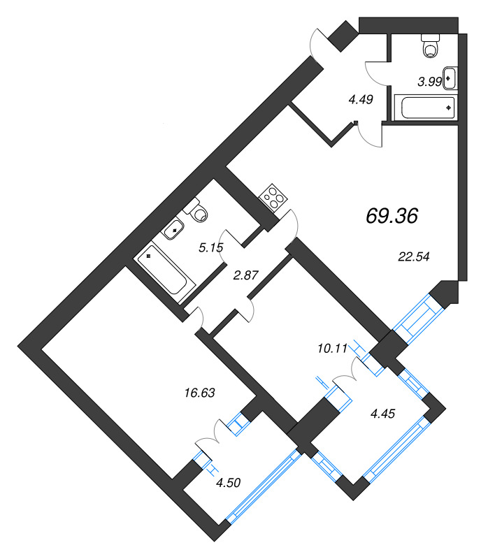 2-комнатная квартира, 67.8 м² в ЖК "Листва" - планировка, фото №1