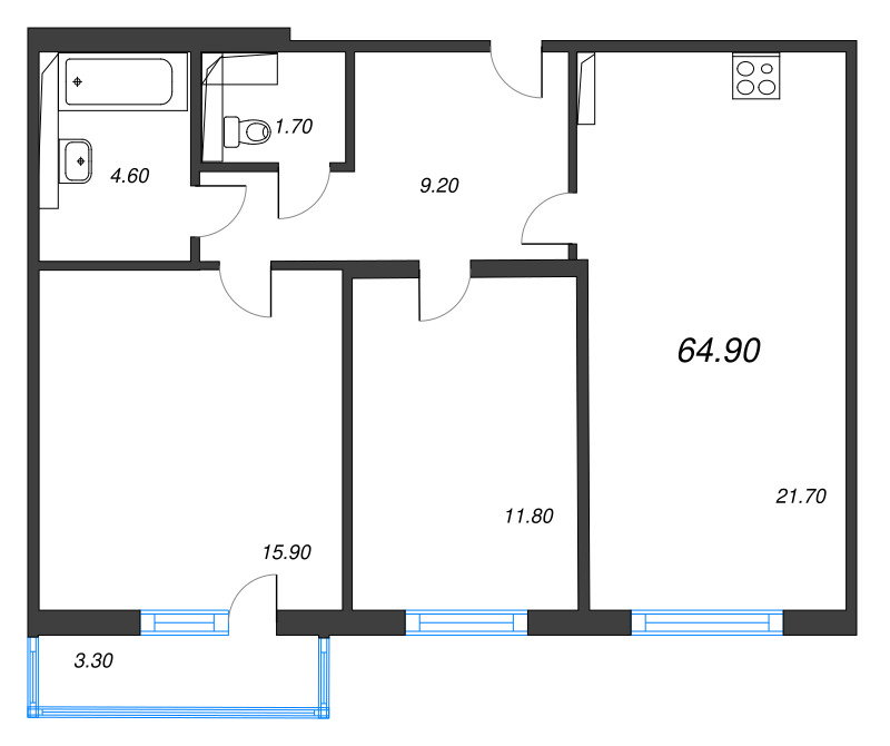 3-комнатная (Евро) квартира, 64.9 м² в ЖК "Руднева 15" - планировка, фото №1