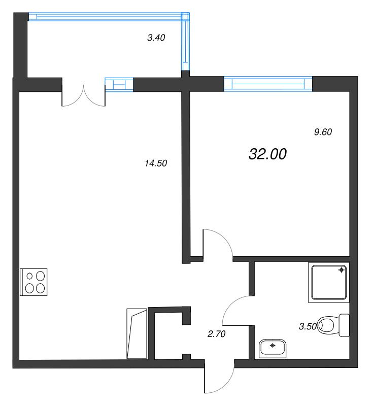 1-комнатная квартира, 32 м² в ЖК "Пейзажный квартал" - планировка, фото №1