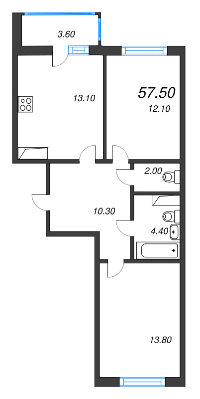 2-комнатная квартира, 57.5 м² - планировка, фото №1