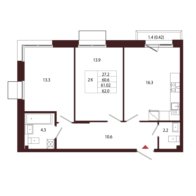 3-комнатная (Евро) квартира, 61.02 м² в ЖК "Лисино" - планировка, фото №1