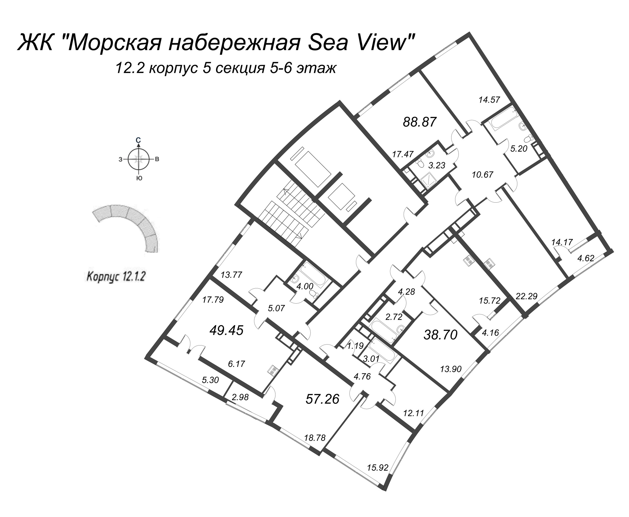 4-комнатная (Евро) квартира, 88.87 м² в ЖК "Морская набережная. SeaView" - планировка этажа