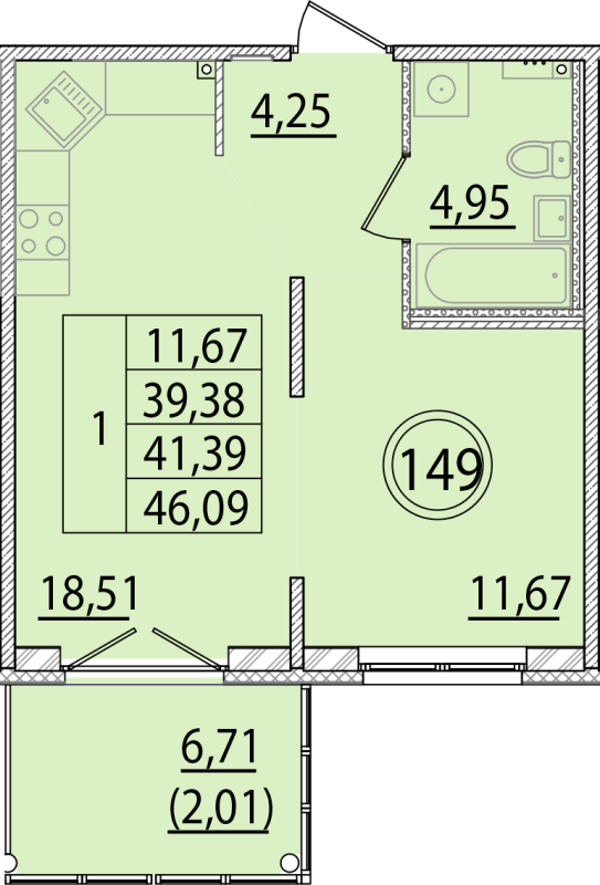 2-комнатная (Евро) квартира, 39.38 м² в ЖК "Образцовый квартал 15" - планировка, фото №1