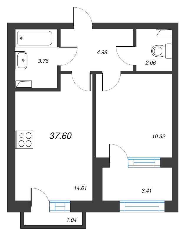 1-комнатная квартира, 37.6 м² в ЖК "Кронфорт. Центральный" - планировка, фото №1